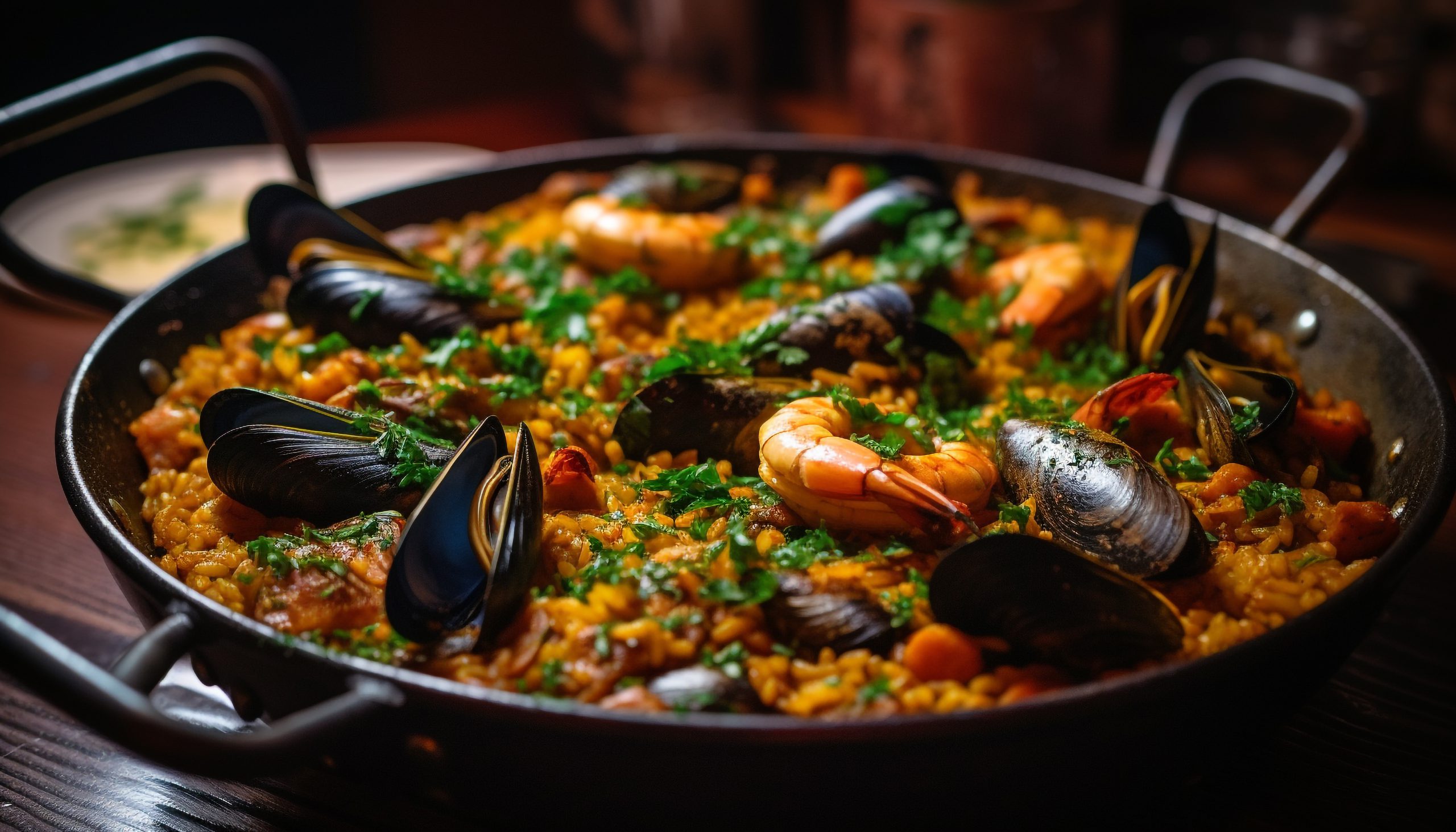 Gourmet paella with seafood, fresh and healthy generated by AI